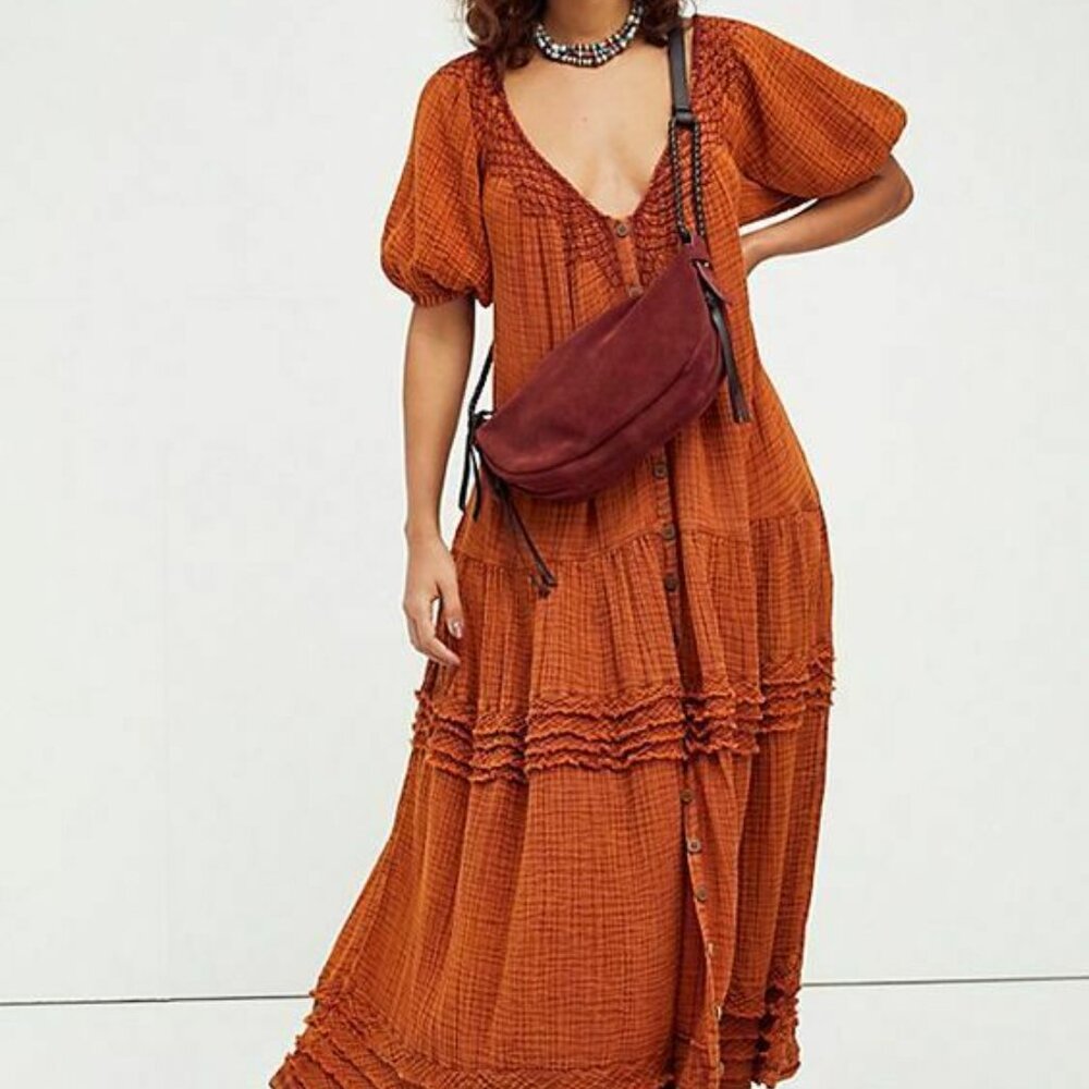 Free People Sunday Stroll Maxi Dress Button Tiered Oversized XS